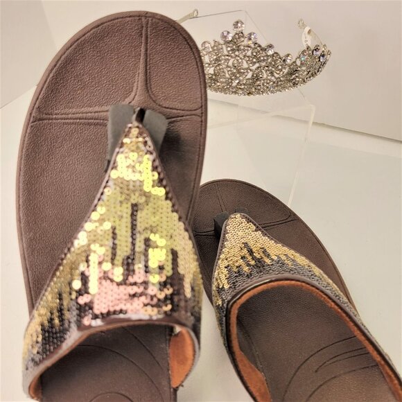 BROWN Sparkly Size 8 Summer Wedge Sandals Rhinestone Embellish Comfy Flip Flops - Picture 2 of 12